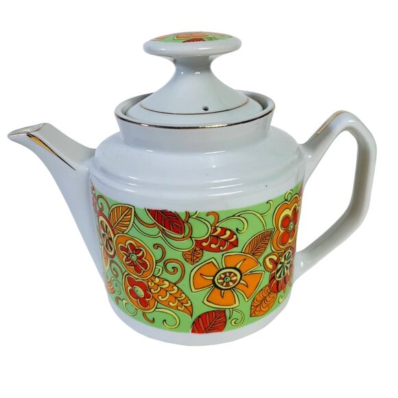 Retro 70s MCM Tea Pot Orange Flower Child Mod Groovy Motif Daisy Kitchen Decor - Picture 2 of 13